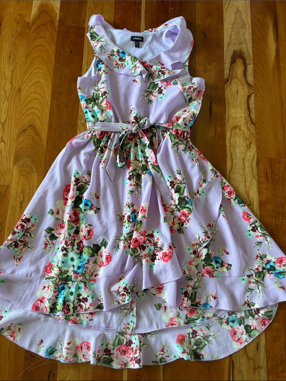 Zunie Lavender Floral Tie-Waist Ruffle Dress